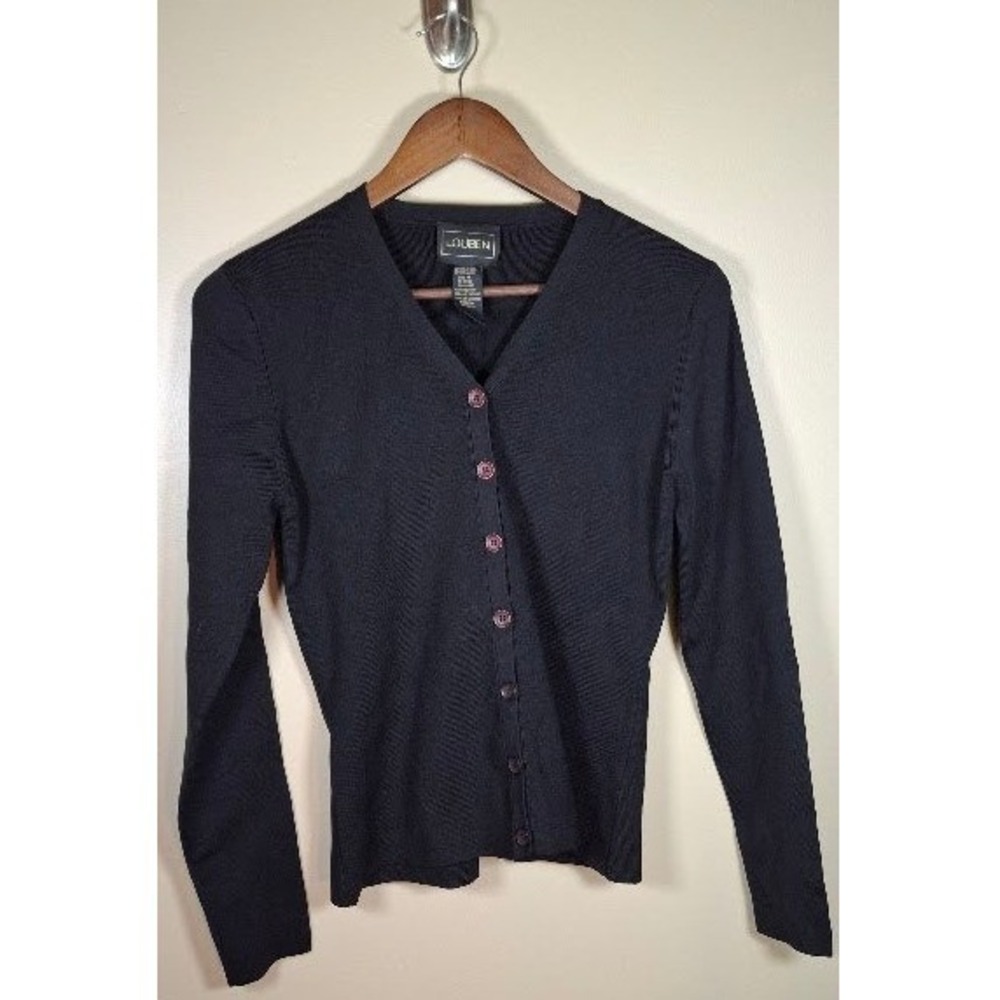 Louben Womens Black Silk Blend V-Neck Cardigan Sweater Size M Long Sleeve Button